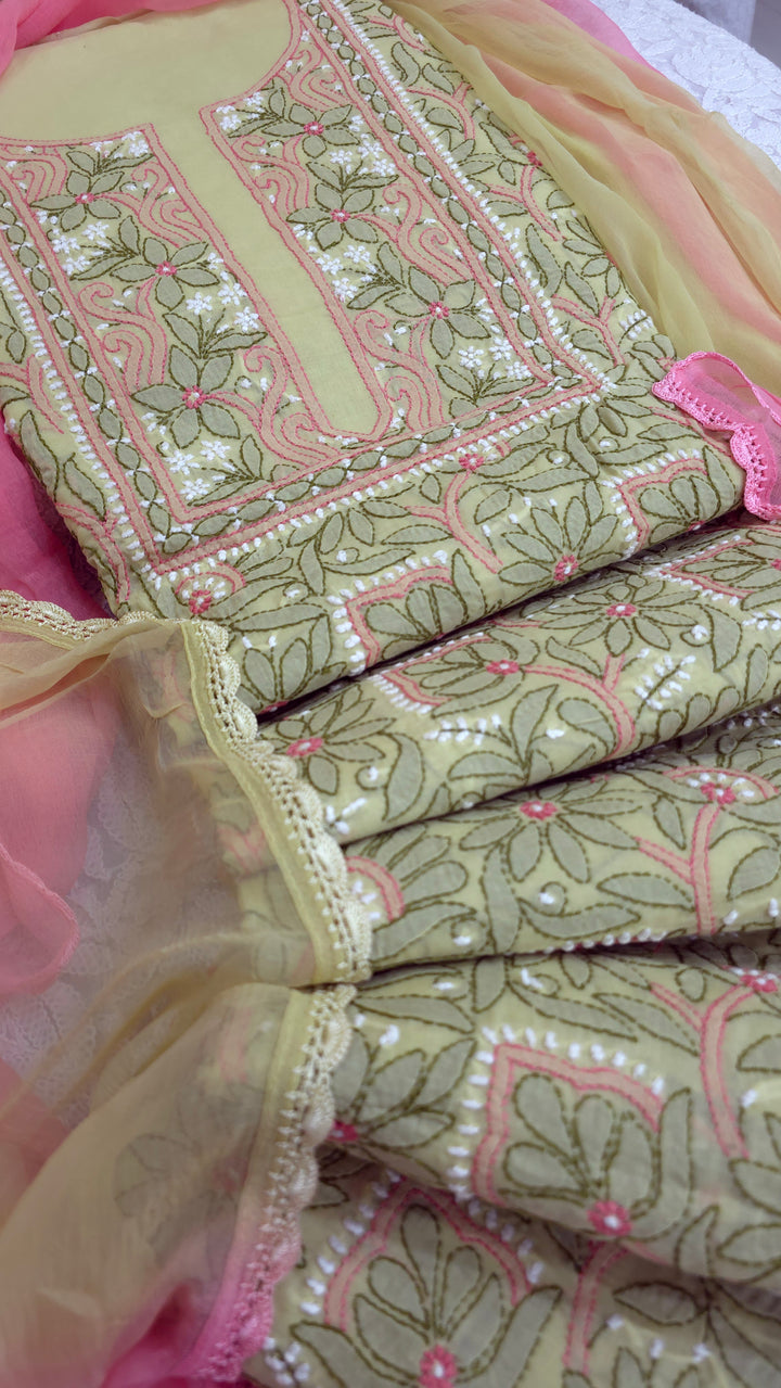 Lucknow Chikankari Hand Embroidered Cotton Dress Material with Tri-Color Motifs & Pure Chiffon Dupatta