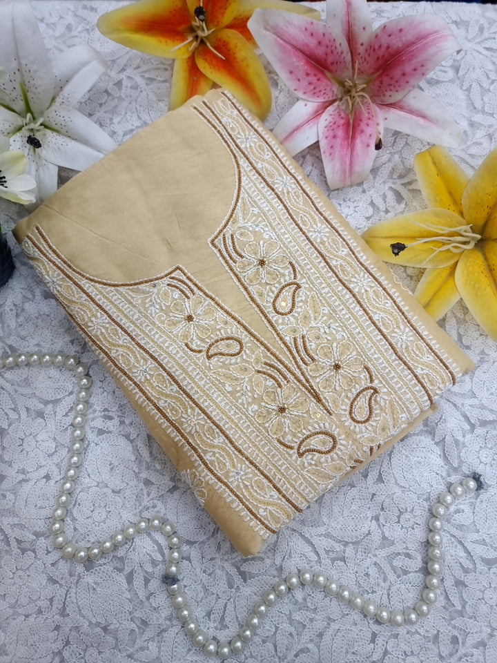 Lucknowi Chikankari Chanderi Fabric – Hand-Embroidered Kurta & Dupatta with Pearl, Resham & Badla Work