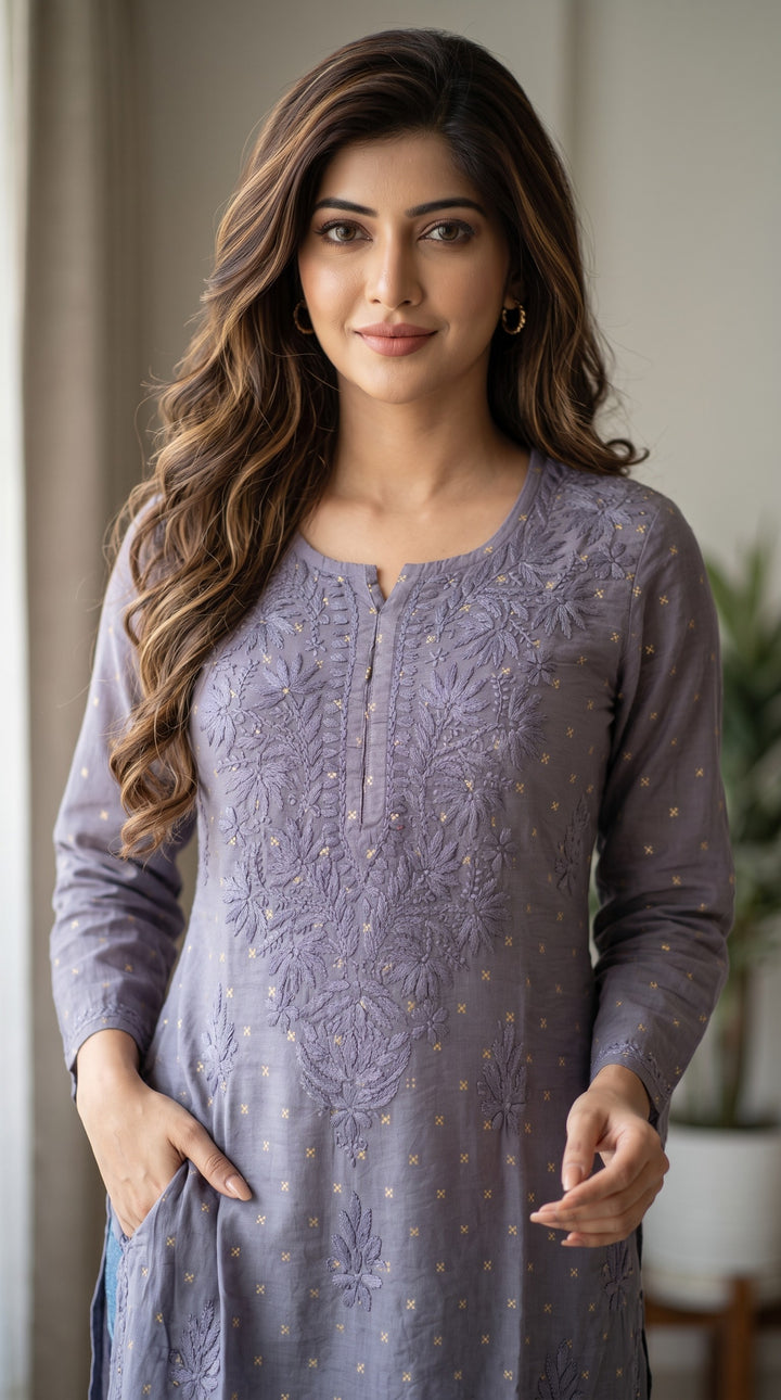 Shanaya Banarasi Soft Chanderi Golden Buti Chikankari Kurta Bottom Set | Authentic Handcrafted Lucknowi Chikankari