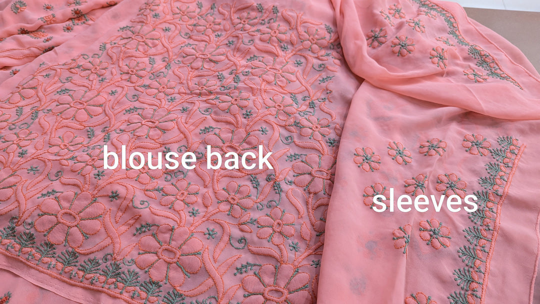 Faux Georgette Hand Chikankari Saree with Exclusive Border & designer Palla Design | Embroidered Blouse Included | Authentic Lucknow Handicraft by Paridhan Chikan