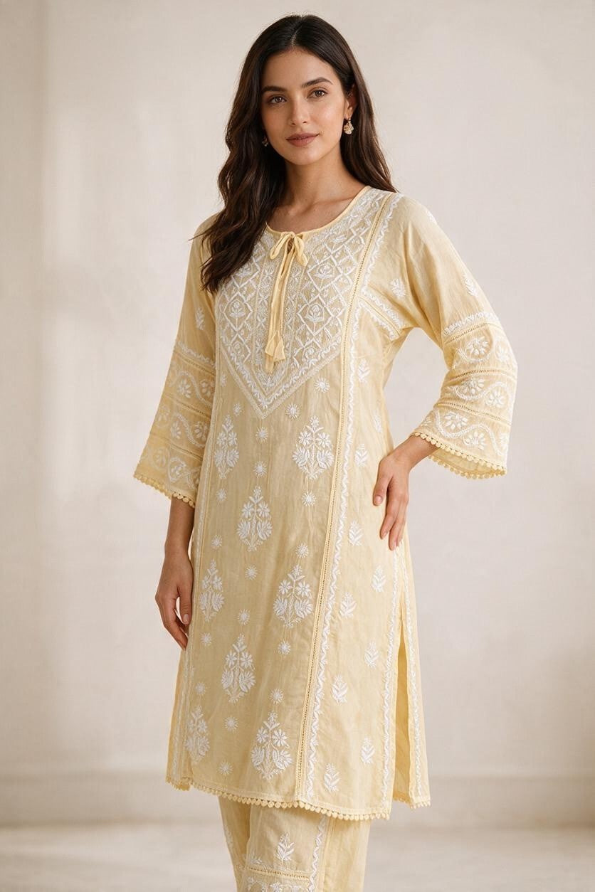 Luxe-Pure muslin luxurious kurti pants set with *2 taar chikankari work*