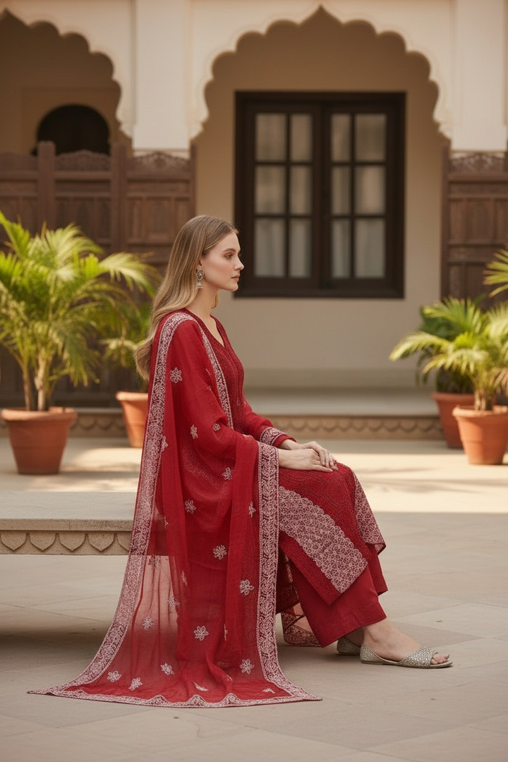 Unstitched Georgette Chikankari Dress Material | Hand Embroidered Kurta, Bottom & Dupatta