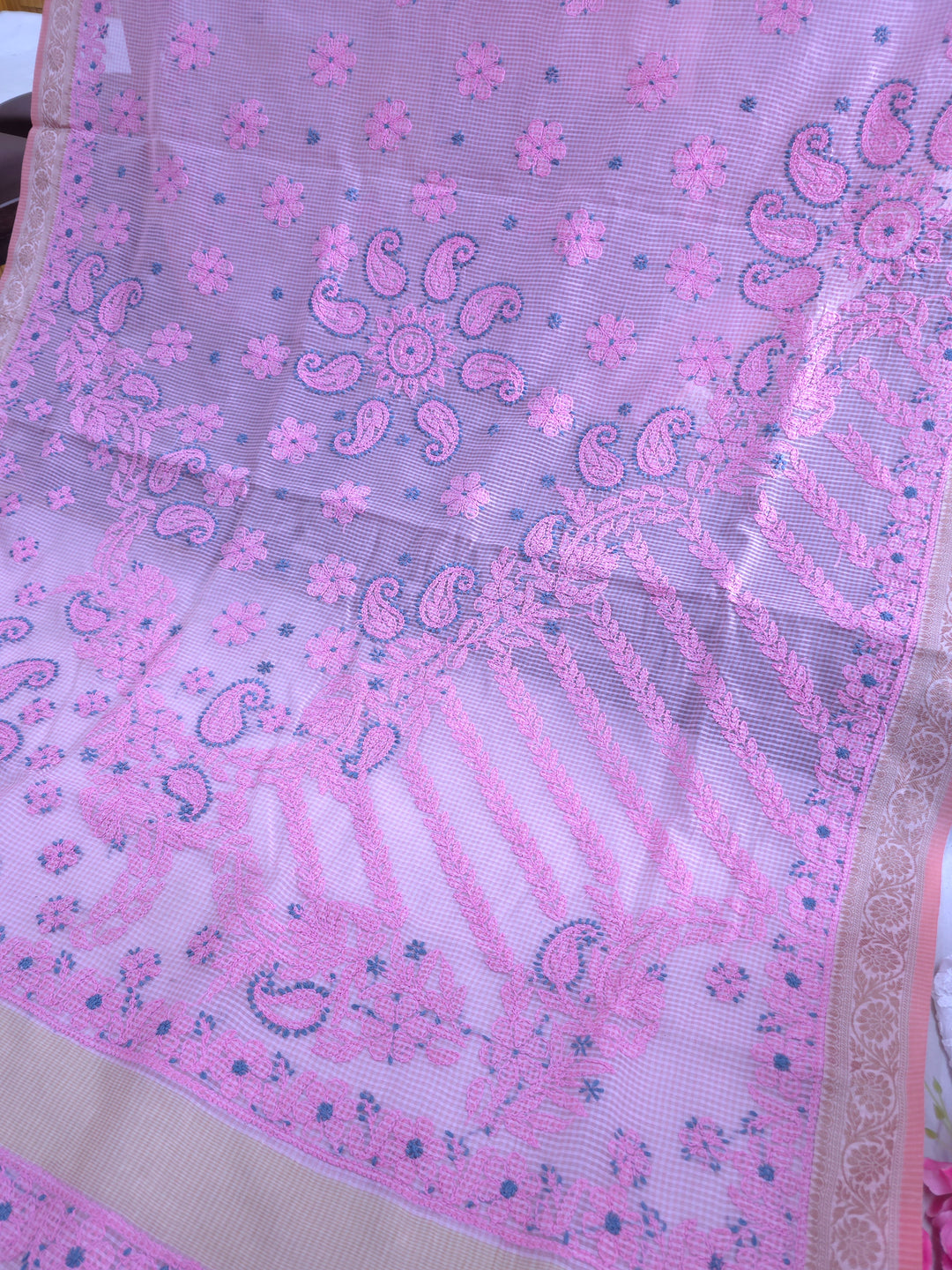 Hand Embroidered Chikankari Banarasi Silk Saree with Intricate Border & Palla Pattern – Includes  Blouse | Paridhan Chikan