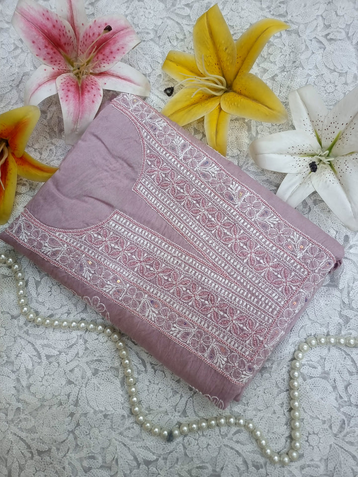 Lucknowi Chikankari Chanderi Fabric – Hand-Embroidered Kurta & Dupatta with Pearl, Resham & Badla Work