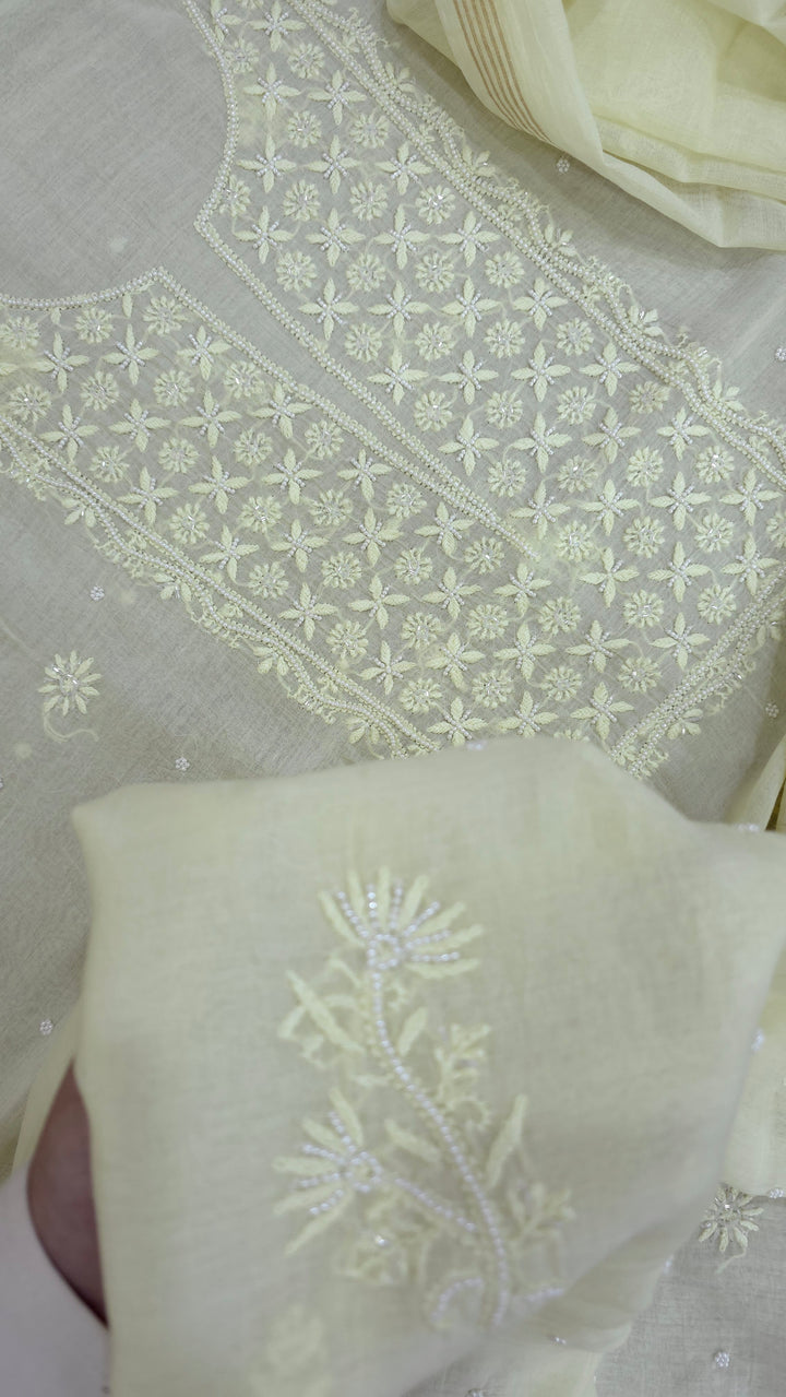 Hiba Premium Mul Chanderi Supersoft Dyeable Chikankari Dress Material | Hand Embroidered with Pearls & Cutdaana | Kurta & Dupatta Set