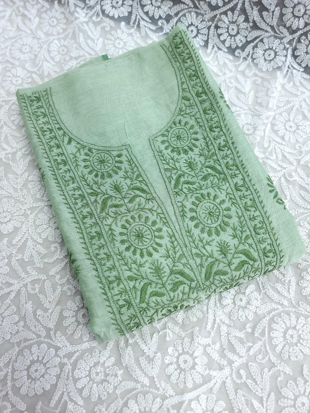 Soft Green Color Chanderi Hand Embroidered 2-Taar Chikankari Kurta & Dupatta Set | Paridhan Chikan