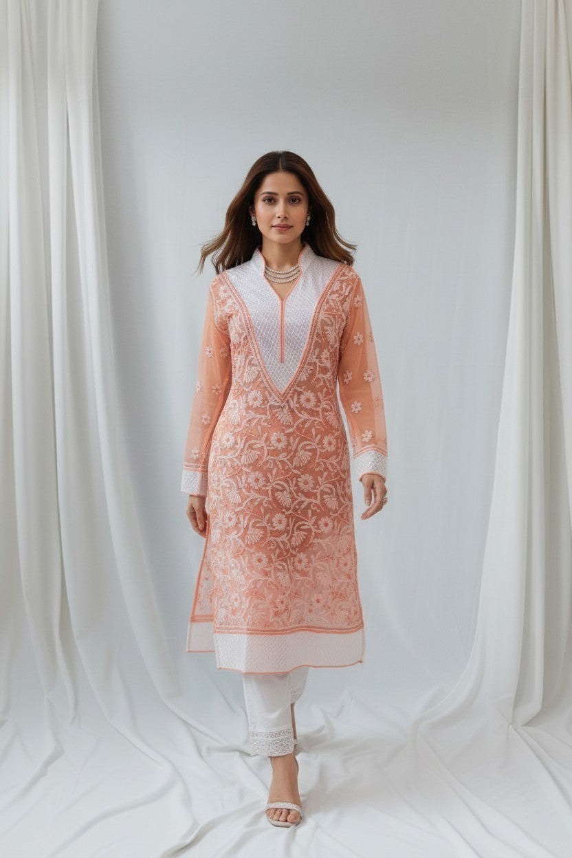 Women’s Georgette Chikankari Kurti – Designer Hand Embroidered Lucknowi Craft by Paridhan Chikan