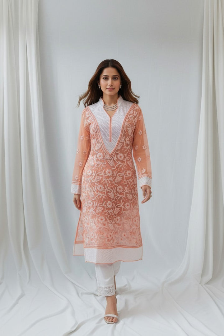 Women’s Georgette Chikankari Kurti – Designer Hand Embroidered Lucknowi Craft by Paridhan Chikan