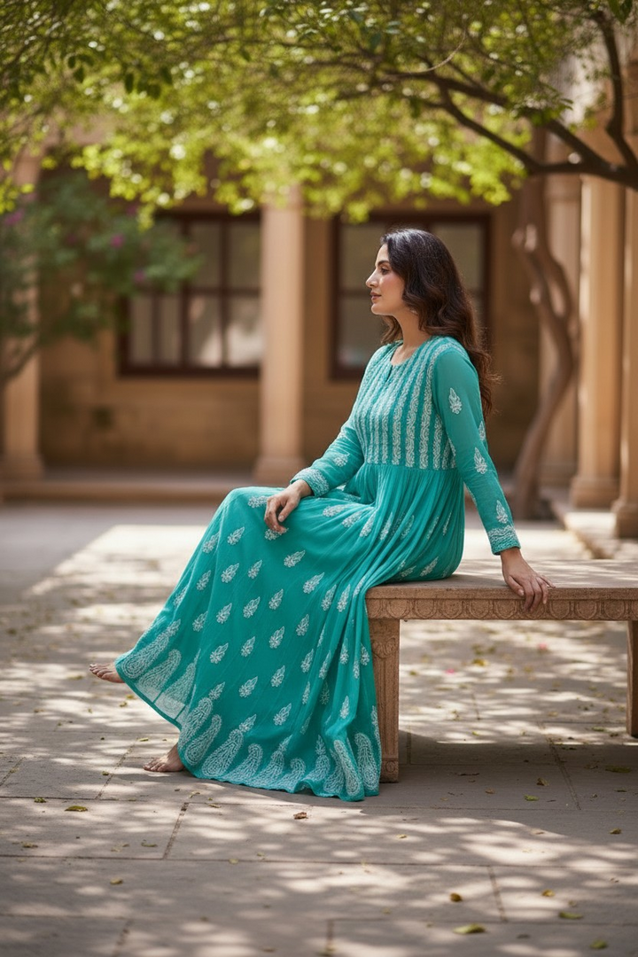 Georgette Lucknowi Chikankari 50" Long Anarkali Kurti | 100% Hand Embroidered| No Shrinkage