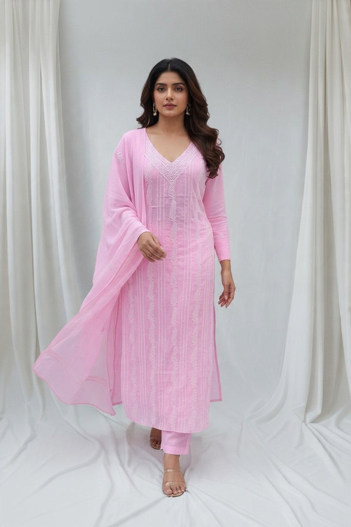 Unstitched Georgette Chikankari Dress Material | Hand Embroidered Kurta, Bottom & Dupatta