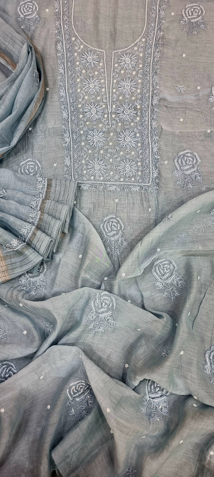 Premium Mul Chanderi Supersoft Dyeable Chikankari Dress Material | Hand Embroidered with Pearls & Cutdaana | Kurta & Dupatta Set