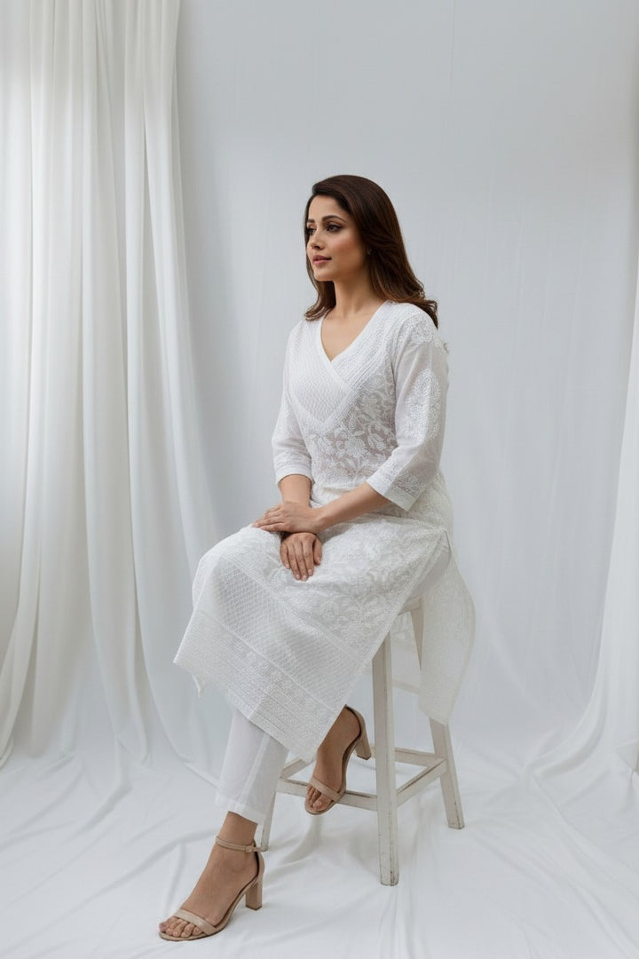 Jia Cotton Chikankari Hand Embroidered Kurti for Women | Premium  | 48 Inch approx Length | Lucknowi Chikan Kurta