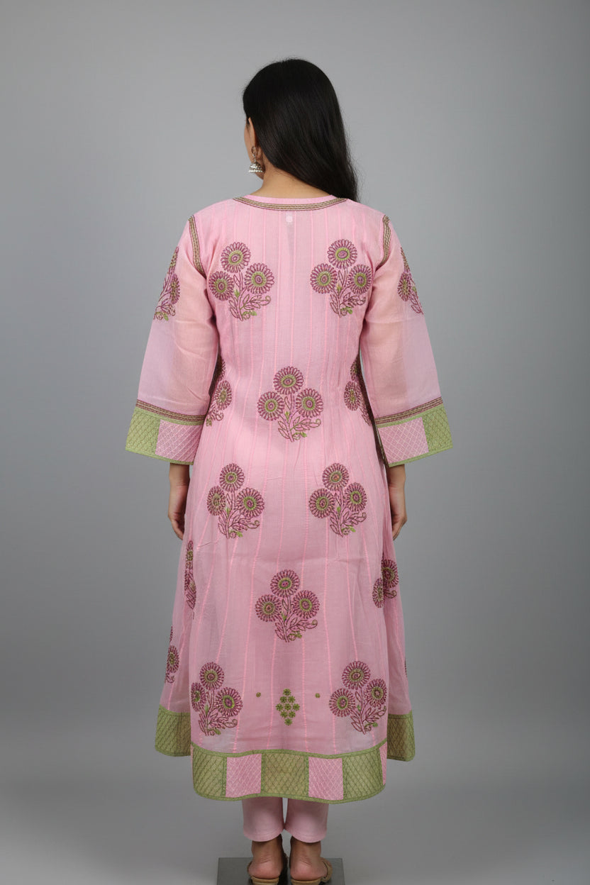 Cotton Lucknowi Chikankari 48" Long Anarkali Kurti | 100% Hand Embroidered| No Shrinkage