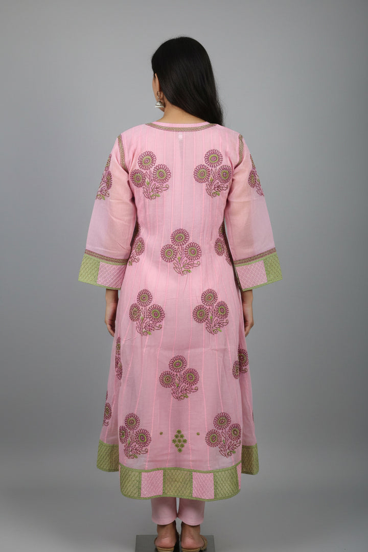 Cotton Lucknowi Chikankari 48" Long Anarkali Kurti | 100% Hand Embroidered| No Shrinkage