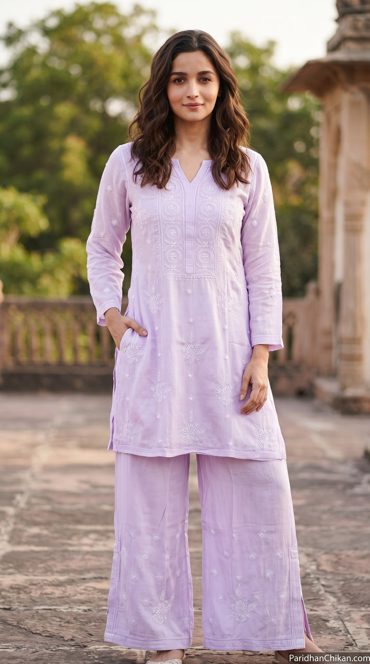 Luxe-Pure Modal satin luxurious kurti pants set with *2 taar chikankari work*