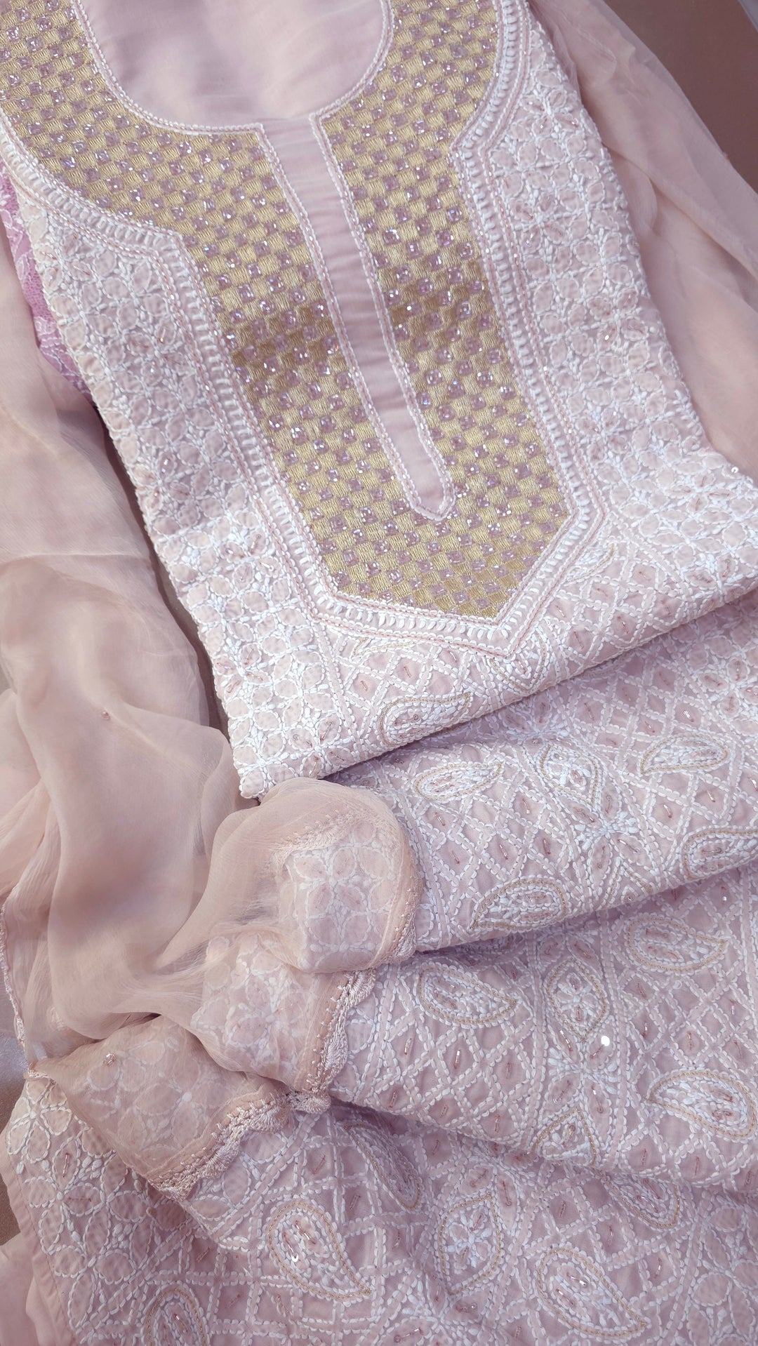 Afreen Premium Hand Embroidered Chikankari Cotton Unstitched Dress Material with Pure Chiffon Dupatta