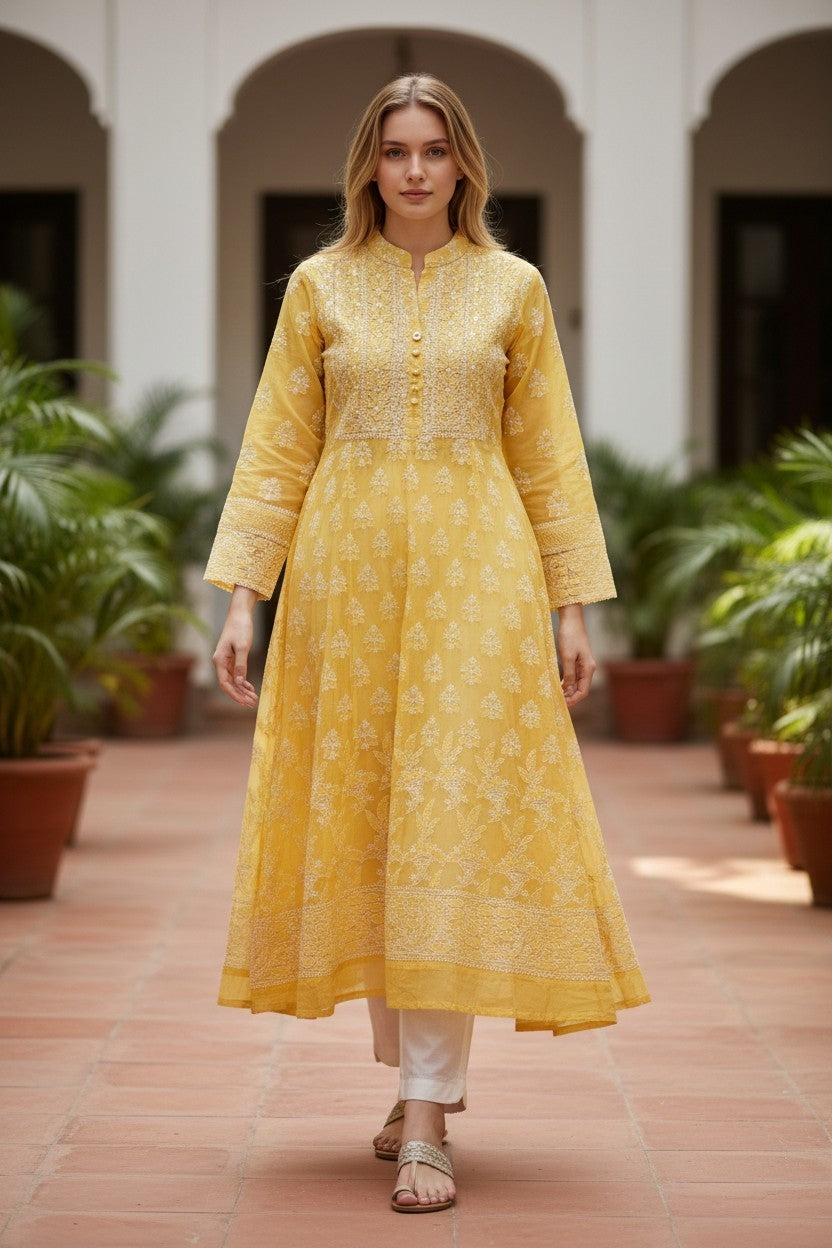 Cotton Lucknowi Chikankari 46" Long A-line Kurti | 100% Hand Embroidered| No Shrinkage