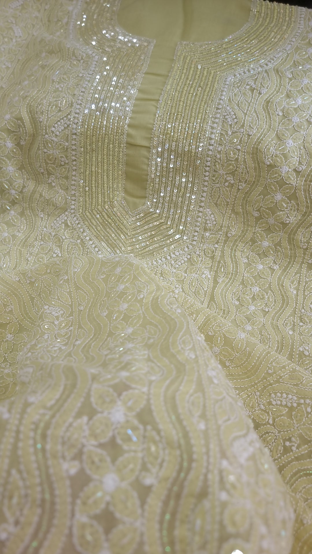 Mint Green Hand Embroidered Chikankari Cotton Unstitched Dress Material with Sequins, Cutdaana, Resham & Badla Work