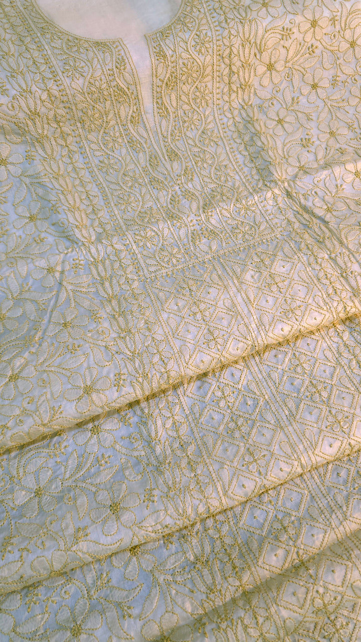 Pure Paper Silk Chikankari Fabric | Full Jaal Hand Embroidery Kurta Fabric for Women