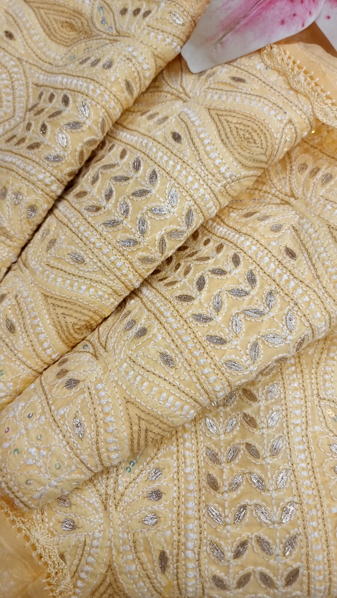 Yellow Unstitched Soft Cotton Chikankari Suit Set – Aari, Kasab & Gotta Patti Embellished with Pure Chiffon Dupatta
