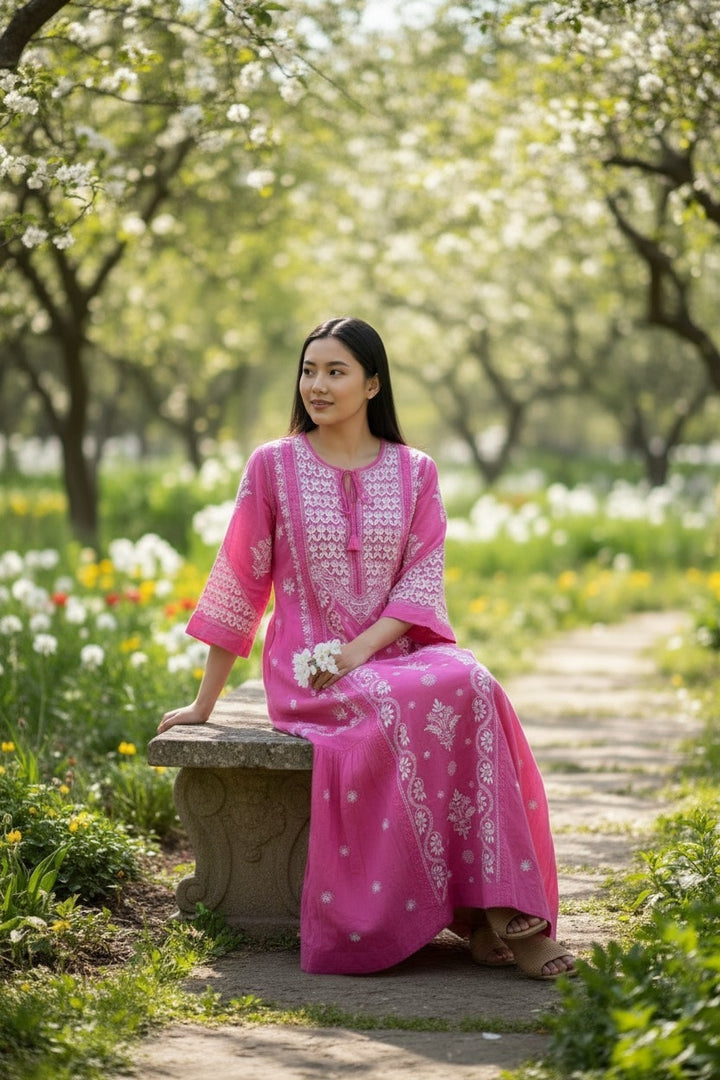 Pure Muslin luxurious long dress with *2 taar chikankari work* Length 50 " approx