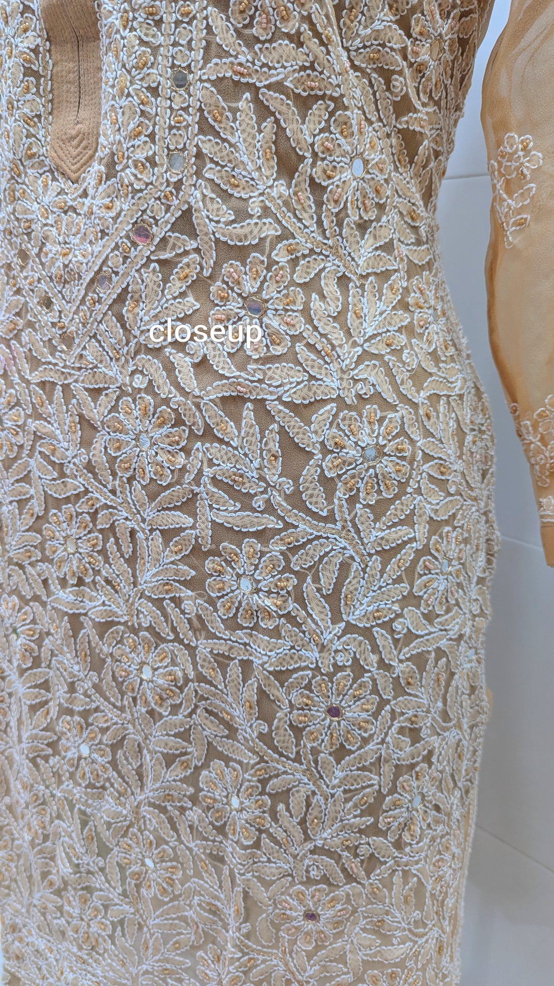 Raha Women’s Georgette Chikankari Kurti –Pearl, mirror n aari work -Designer Hand Embroidered Lucknowi Craft by Paridhan Chikan