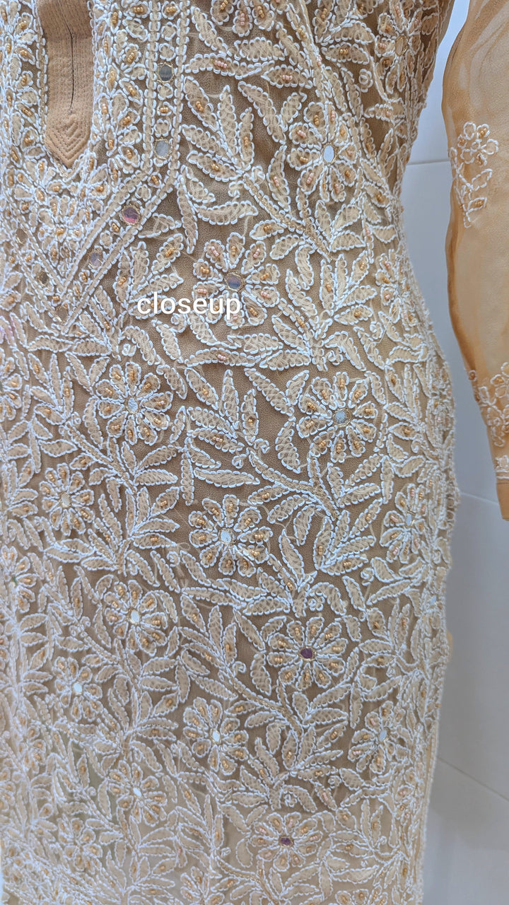 Raha Women’s Georgette Chikankari Kurti –Pearl, mirror n aari work -Designer Hand Embroidered Lucknowi Craft by Paridhan Chikan