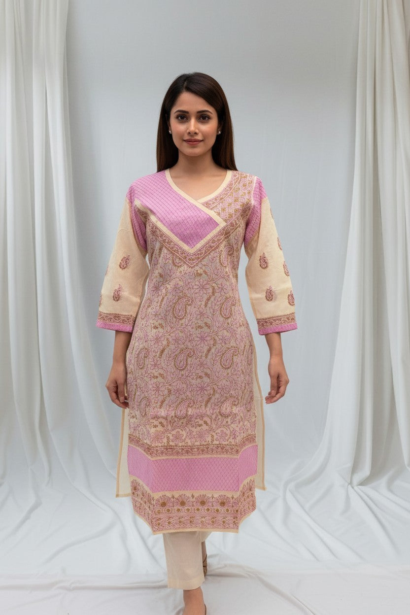 Jia Cotton Chikankari Hand Embroidered Kurti for Women | Premium  | 48 Inch approx Length | Lucknowi Chikan Kurta