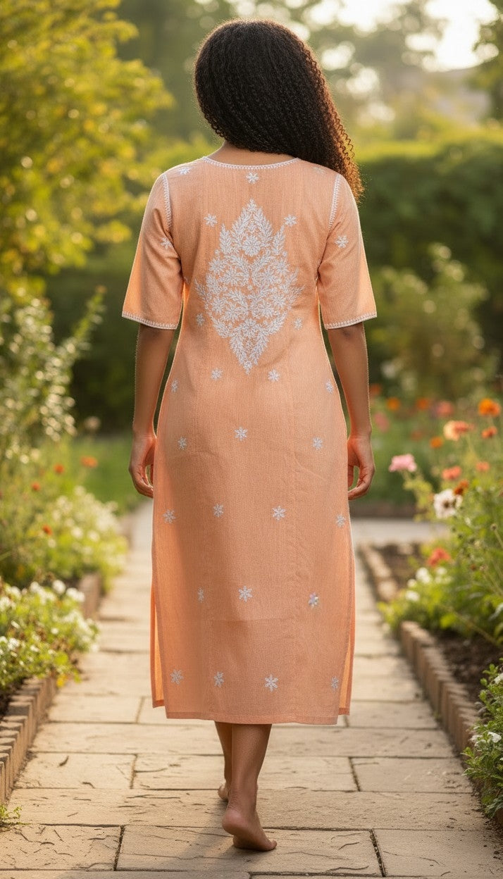 Hand Embroidery Chikankari Linen Kurti - Peach