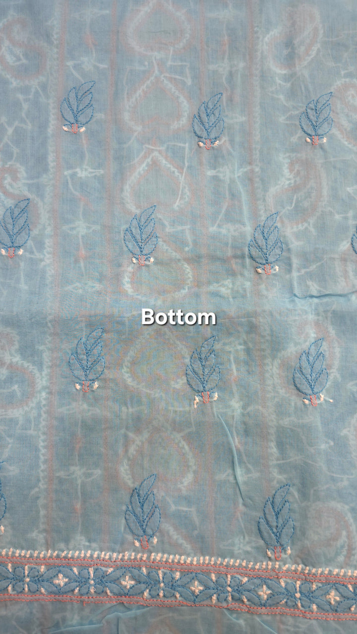 Lucknow Chikankari Hand Embroidered Cotton Dress Material with Tri-Color Motifs & Pure Chiffon Dupatta