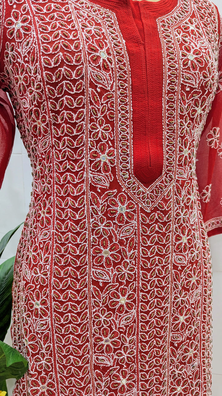Raha Women’s Georgette Chikankari Kurti –Pearl, mirror n aari work -Designer Hand Embroidered Lucknowi Craft by Paridhan Chikan