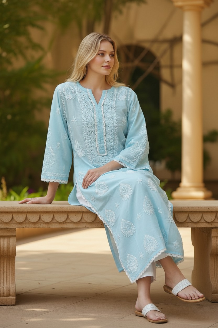 Lace Cotton Chikankari Hand Embroidered Kurti for Women | Premium Soft  | 44 Inch Length | Lucknowi Chikan Kurta
