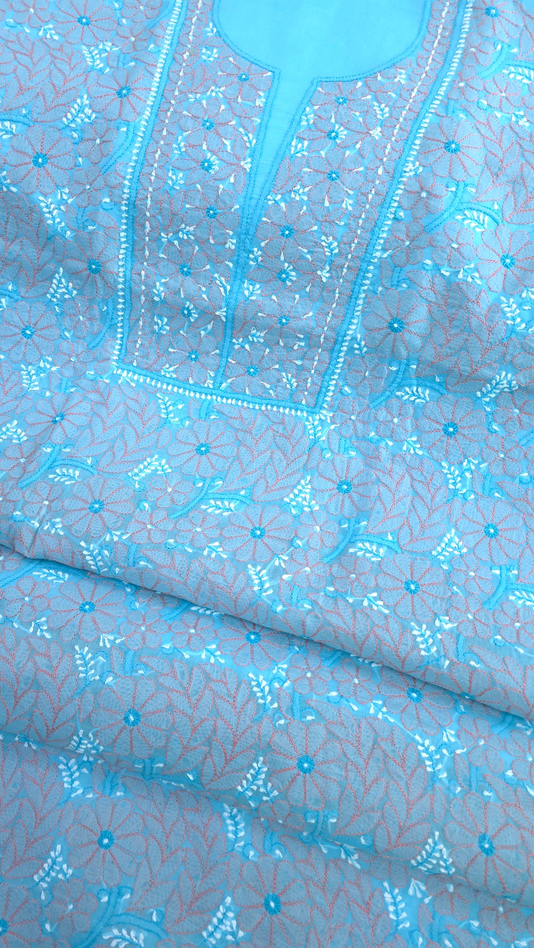 Lucknow Chikankari Hand Embroidered Cotton Dress Material with Tri-Color Motifs & Pure Chiffon Dupatta