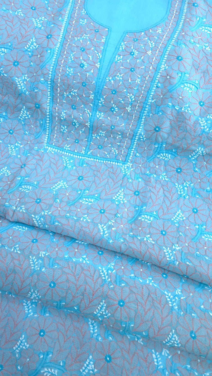 Lucknow Chikankari Hand Embroidered Cotton Dress Material with Tri-Color Motifs & Pure Chiffon Dupatta