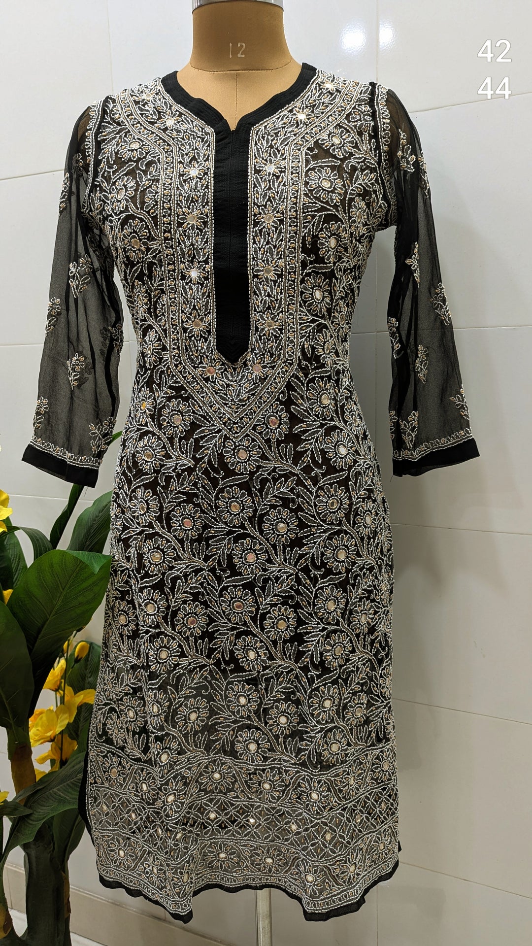 Raha Women’s Georgette Chikankari Kurti –Pearl, mirror n aari work -Designer Hand Embroidered Lucknowi Craft by Paridhan Chikan