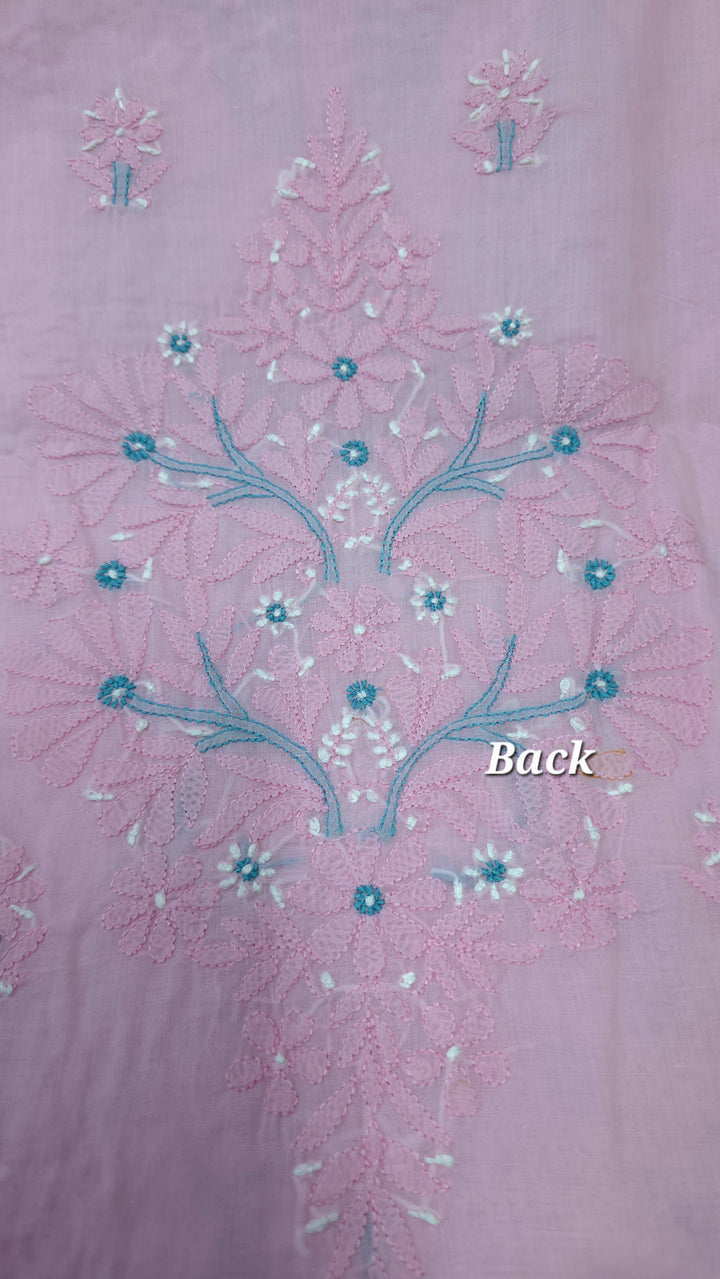 Lucknow Chikankari Hand Embroidered Cotton Dress Material with Tri-Color Motifs & Pure Chiffon Dupatta