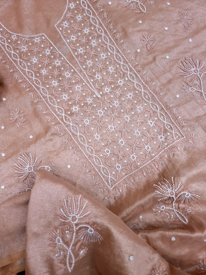 Soft Tissue Chikankari Unstitched Dress Material | 3 Taar Hand Embroidery with Pearl & Cutdana Work + Golden Border Dupatta