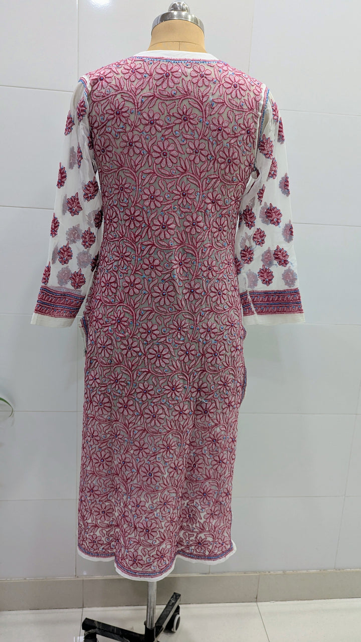Georgette Lucknowi Chikankari 46" Long- front n back full embroidered Kurti | 100% Hand Embroidered| No Shrinkage