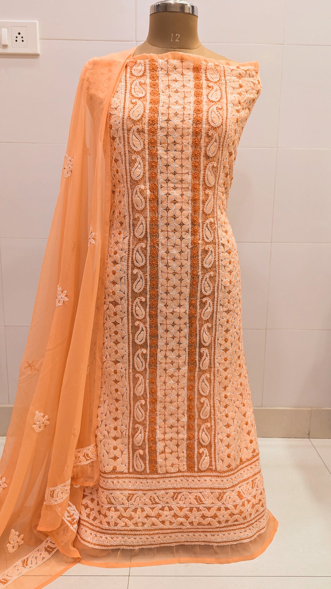 Unstitched Georgette Chikankari Dress Material | Hand Embroidered Kurta, Bottom & Dupatta