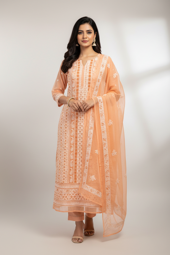 Unstitched Georgette Chikankari Dress Material | Hand Embroidered Kurta, Bottom & Dupatta