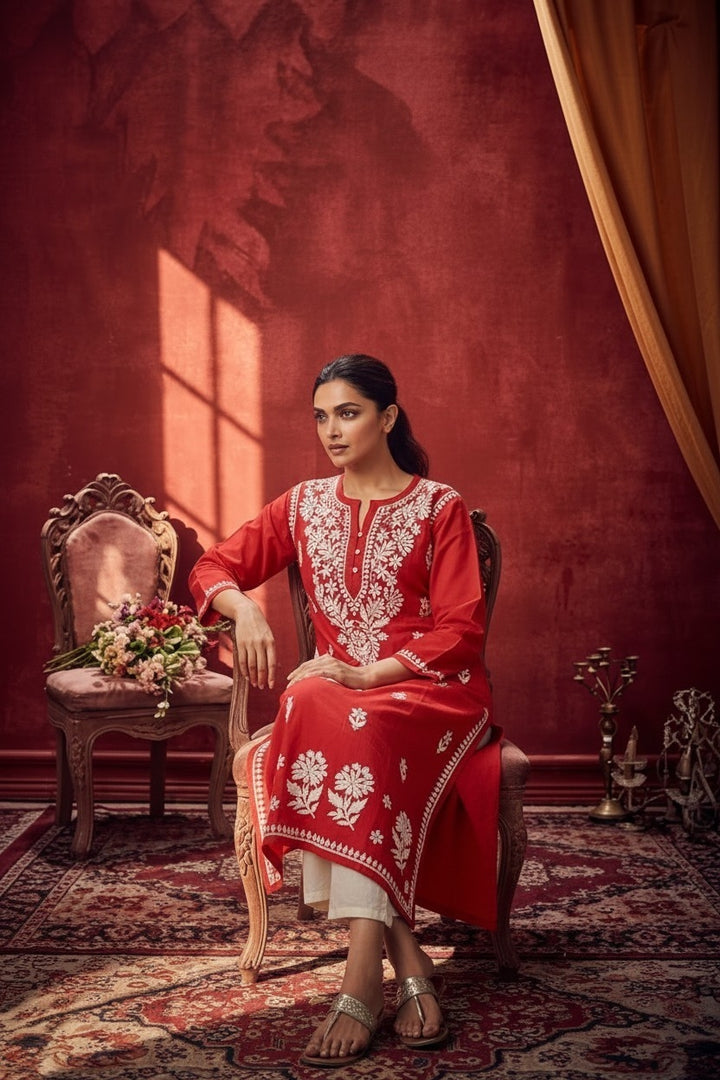 Deepika Rayon Lucknow Chikankari Long Kurti | 100% Authentic Hand Embroidery | Super Soft & Non-Transparent