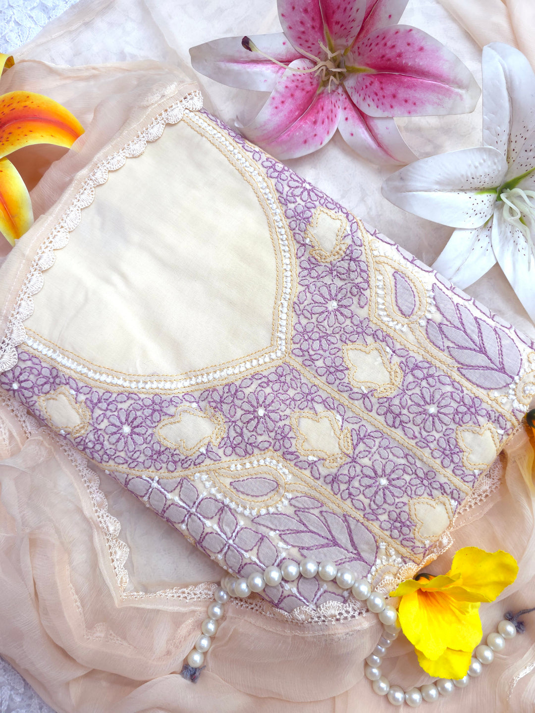 Lucknow Chikankari Hand Embroidered Cotton Dress Material with Tri-Color Motifs & Pure Chiffon Dupatta