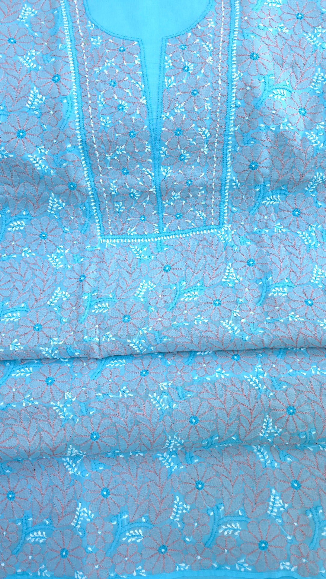 Lucknow Chikankari Hand Embroidered Cotton Dress Material with Tri-Color Motifs & Pure Chiffon Dupatta