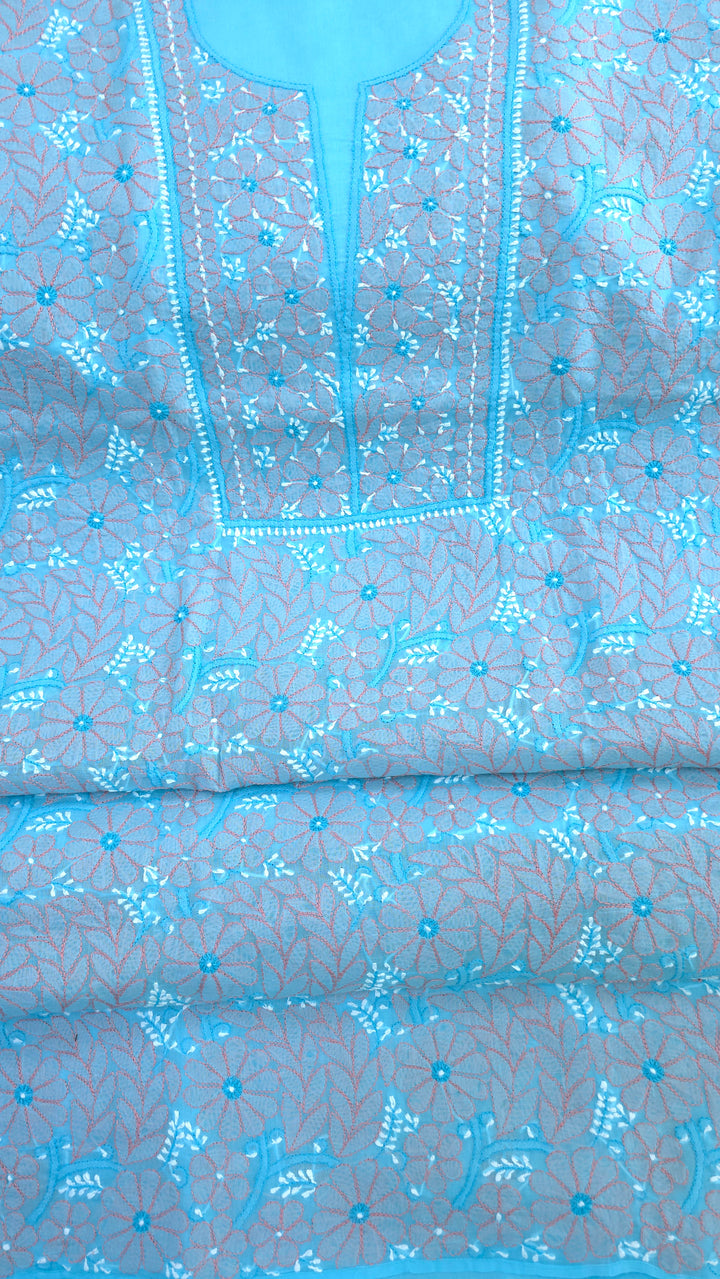 Lucknow Chikankari Hand Embroidered Cotton Dress Material with Tri-Color Motifs & Pure Chiffon Dupatta