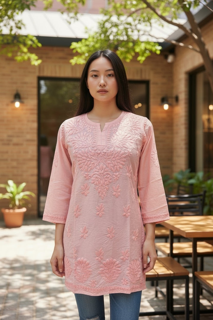Non transparent Soft Chanderi Chikankari Top 32" length