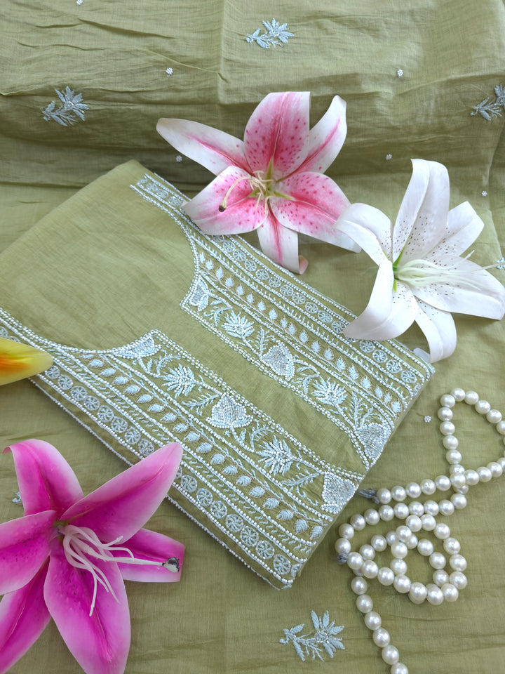 Premium Mul Chanderi Pearl, Cutdana & Kasab Hand Embroidered Unstitched Suit Set