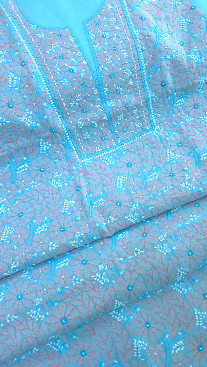 Lucknow Chikankari Hand Embroidered Cotton Dress Material with Tri-Color Motifs & Pure Chiffon Dupatta