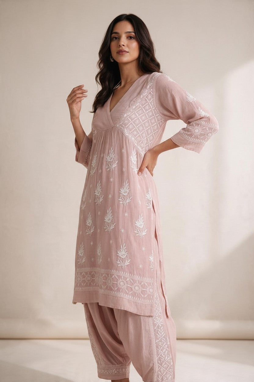 Luxe-Pure muslin luxurious kurti afgani pants set with *2 taar chikankari work*