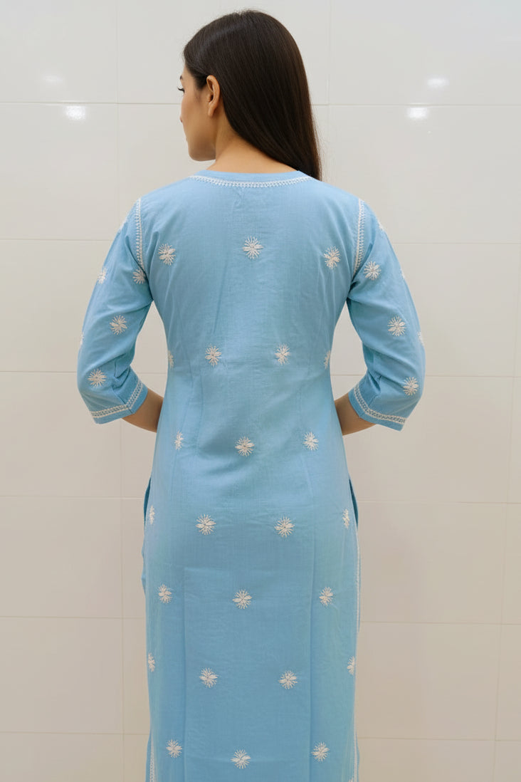 Soft Cotton Polo Fabric Lucknowi Chikankari Long Kurti | 100% Hand Embroidered | Non-Transparent | No Shrinkage