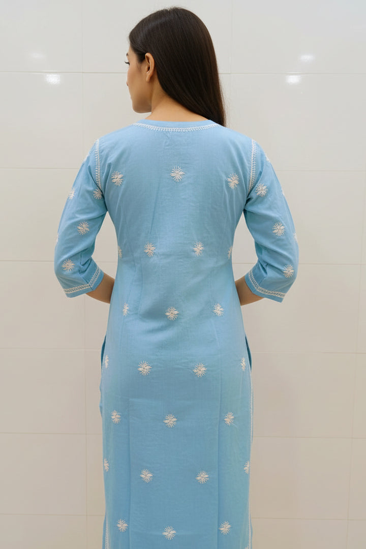 Soft Cotton Polo Fabric Lucknowi Chikankari Long Kurti | 100% Hand Embroidered | Non-Transparent | No Shrinkage